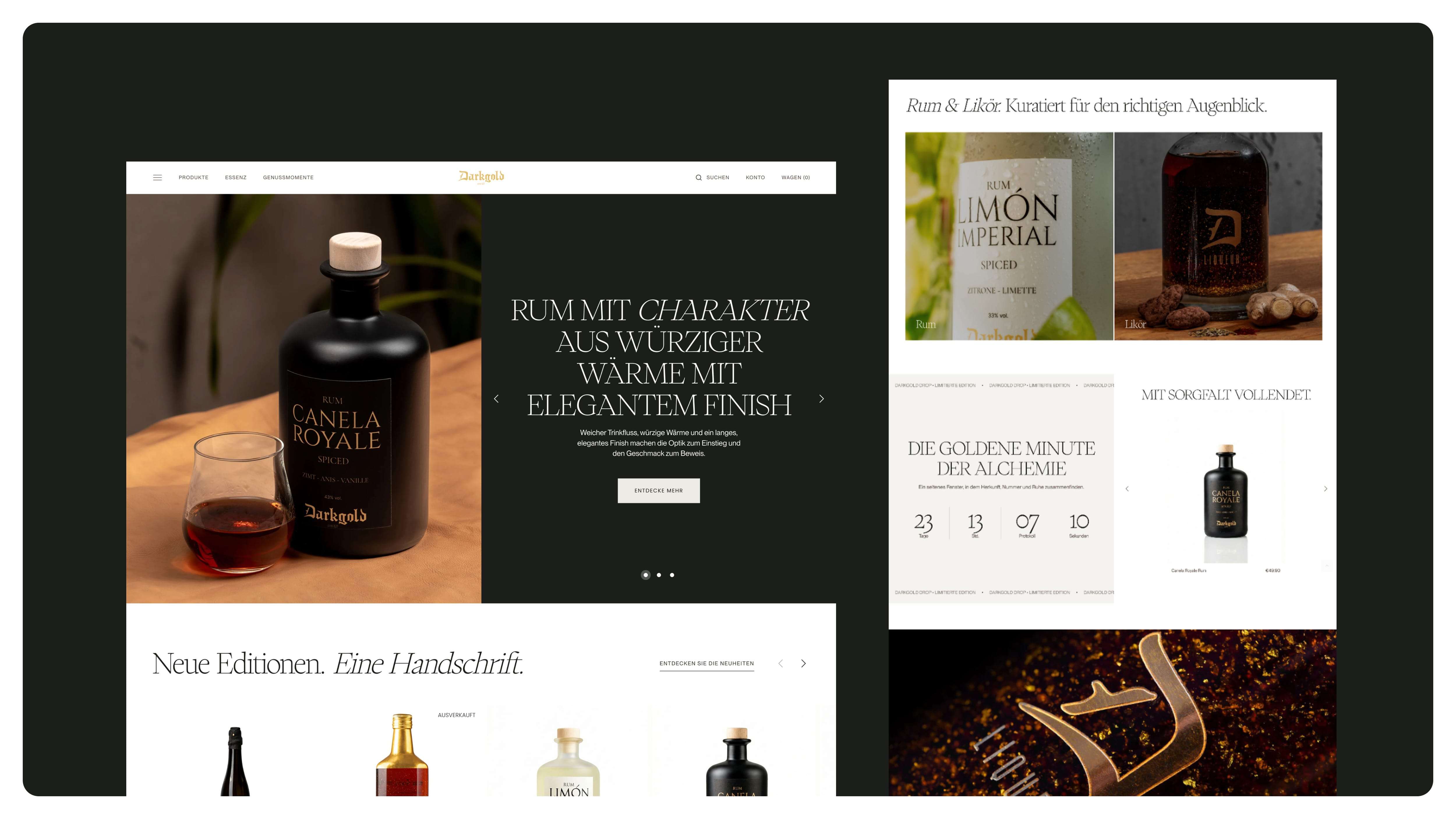 DARKGOLD ist eine Premium Spirituosenmarke, die Rum und Likör als stille Rituale inszeniert, mit ikonischer Ästhetik und kultivierter Präsenz, die Upper-Premium spürbar macht.